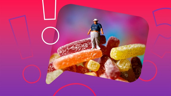 Illustration - Ein übergewichtiger Mann steht auf einem Berg Süßigkeiten.