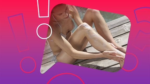 Eine junge Frau cremt sich das Bein mit Sonnencreme ein