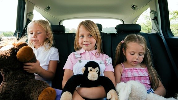 Kinder auf Autorücksitz mit Kuscheltieren
