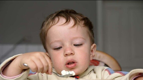 Kleines Kind isst von einem Teller.