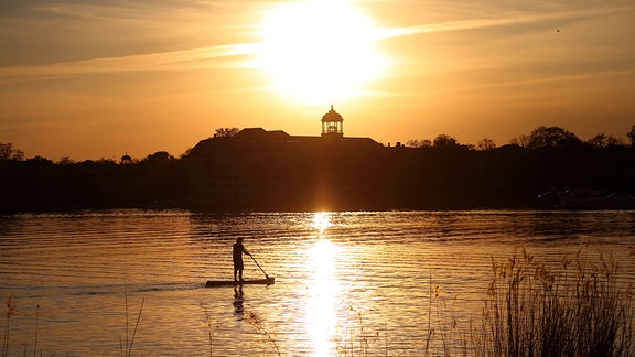 Stand-Up-Paddler auf der Havel bei Potsdam (Brandenburg) in der Abendsonne 